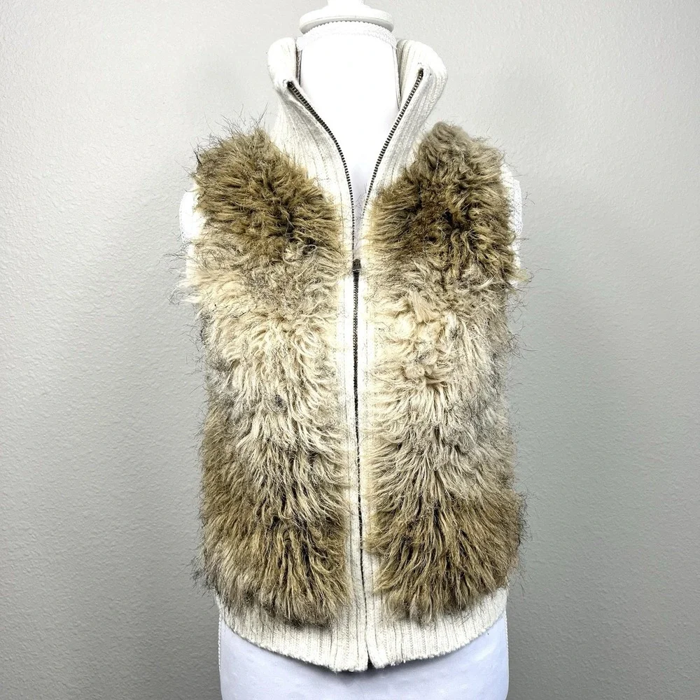 Justice Girls Faux Fur Sweater Full Zip‎ Mock Vest Size 12 Cream Y2K Boho Shaggy
